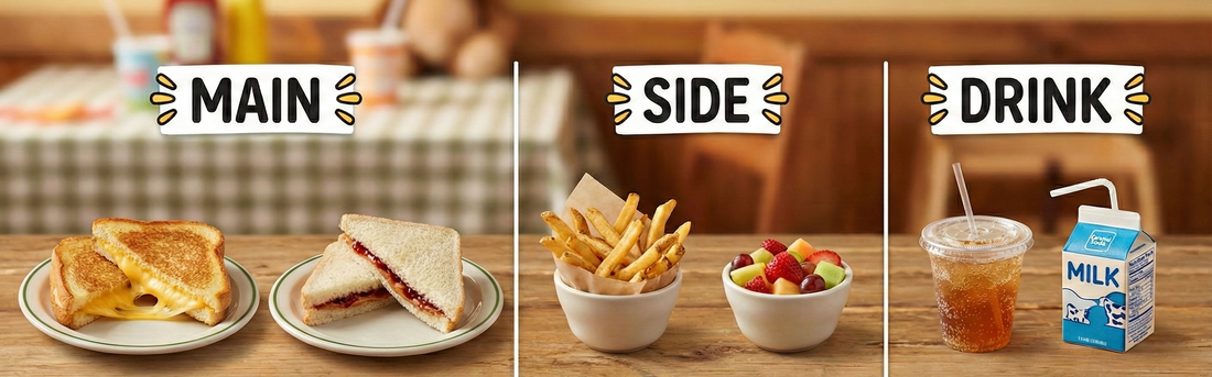 Kids meal options - choose your main, side, and drink